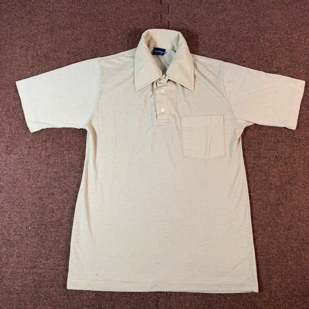 Vintage JCPenney Polo Shirt Mens Small Beige Short Sleeve Pocket 70s Knit 2404